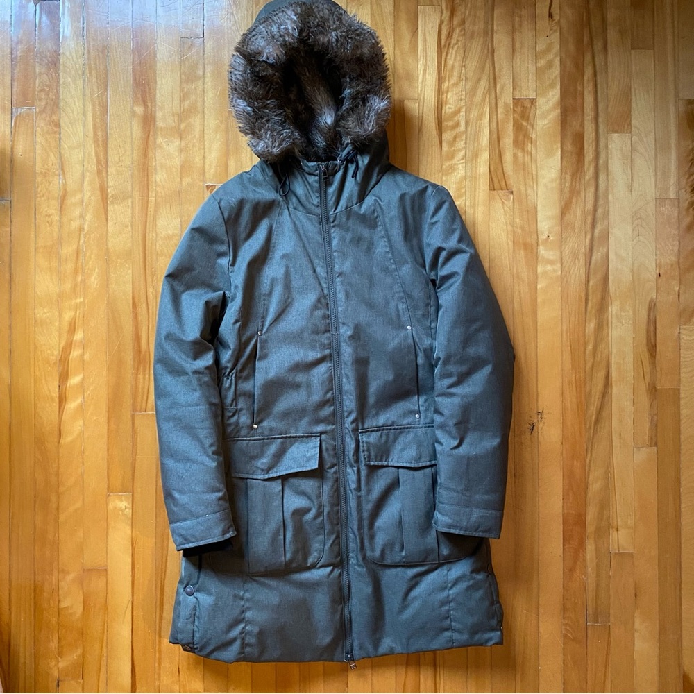 Down filled coat with maternity panel option.